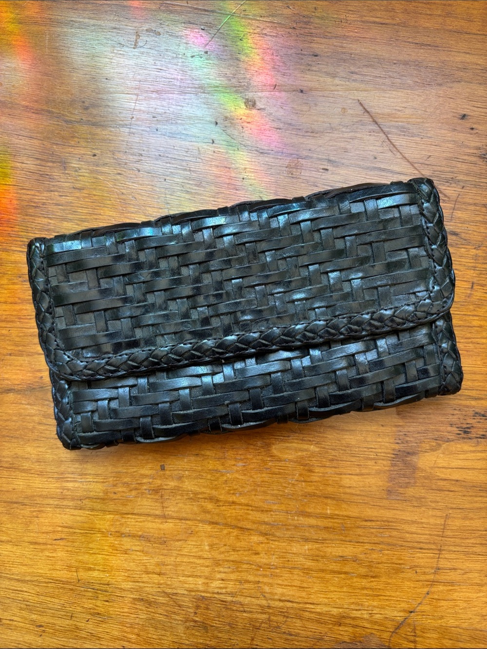 Woven Black Leather Clutch Wallet